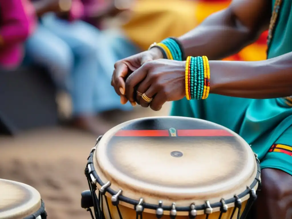 Manos expertas de músico tocando tambores africanos, fusionando tradición y modernidad en la música africana