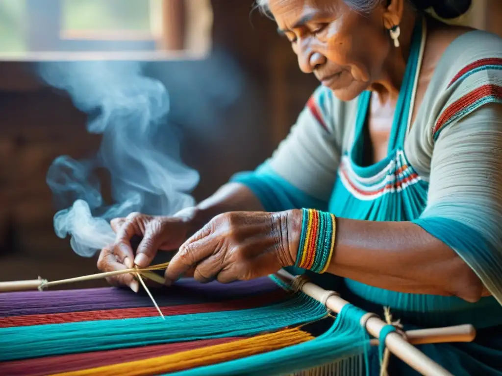 Manos expertas tejiendo rituales de tejido como prácticas en un telar tradicional