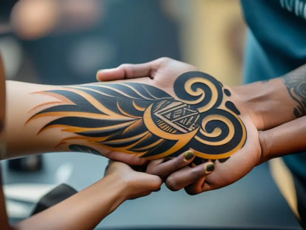 Las manos expertas de un tatuador crean un diseño inspirado en símbolos culturales antiguos, en la piel de una persona de ascendencia indígena