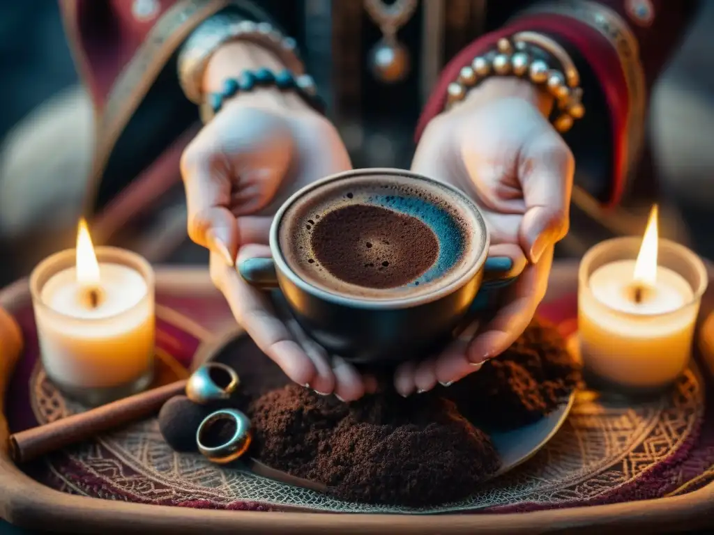 Unas manos expertas de adivina sostienen una taza de café turco con posos, revelando el significado de la caféomancia