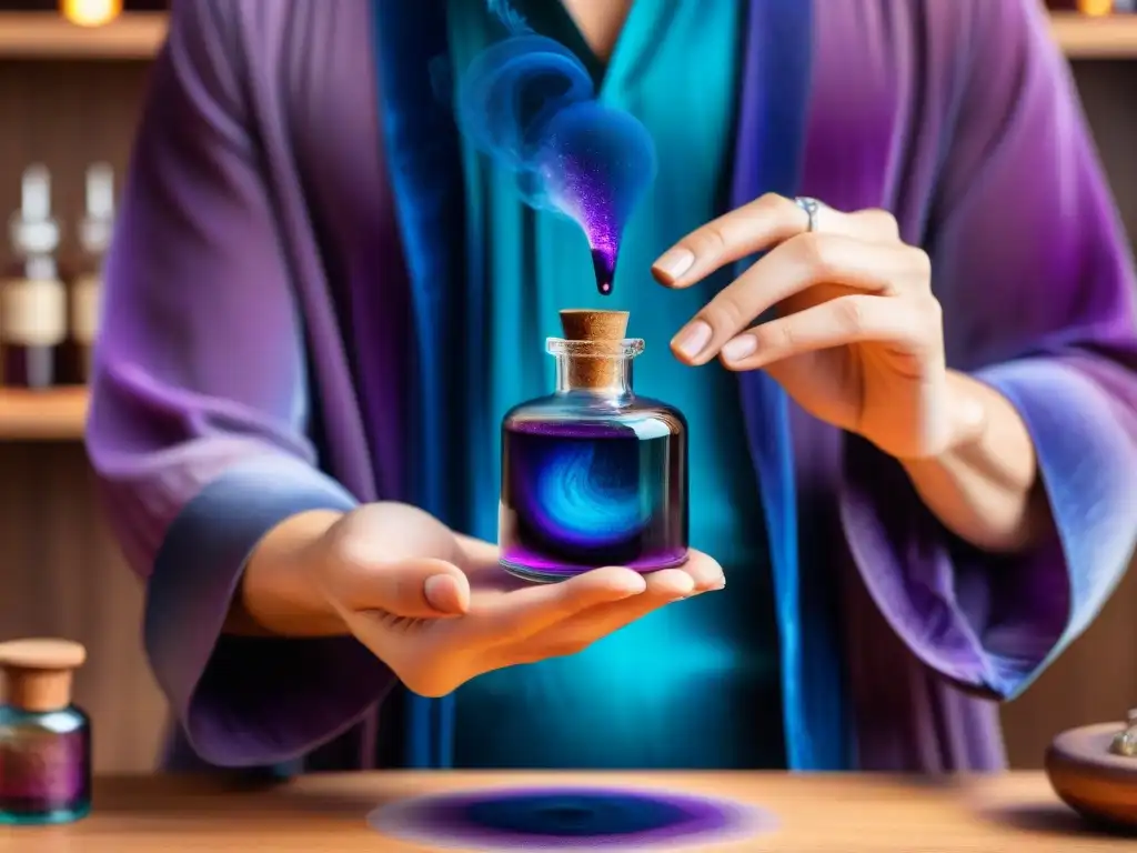 Magia en tus manos: vial de tinta púrpura y anillos de plata Unas manos sostienen un frasco de tinta morada en un entorno místico de adivinación con tintes místicos