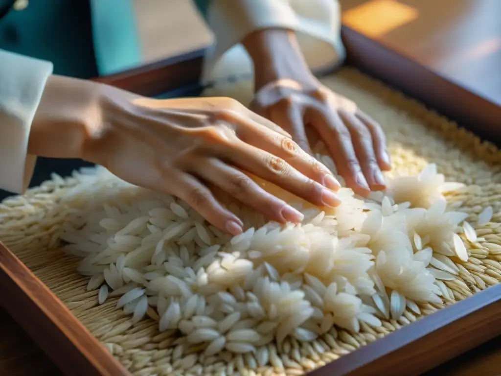 Manos colocando granos de arroz en bandeja japonesa, simbolizando el significado de la adivinación con granos de arroz