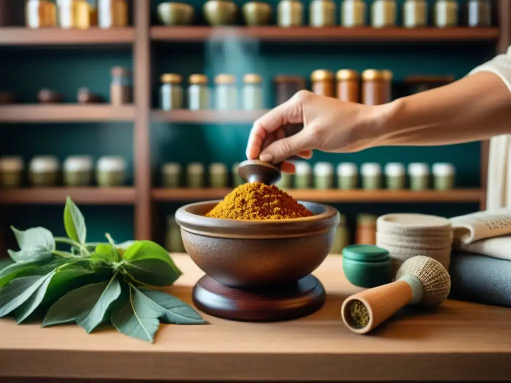 Manos preparando hierbas y especias Ayurveda en mortero, ambiente sereno de Integración Ayurveda Yoga rutina diaria