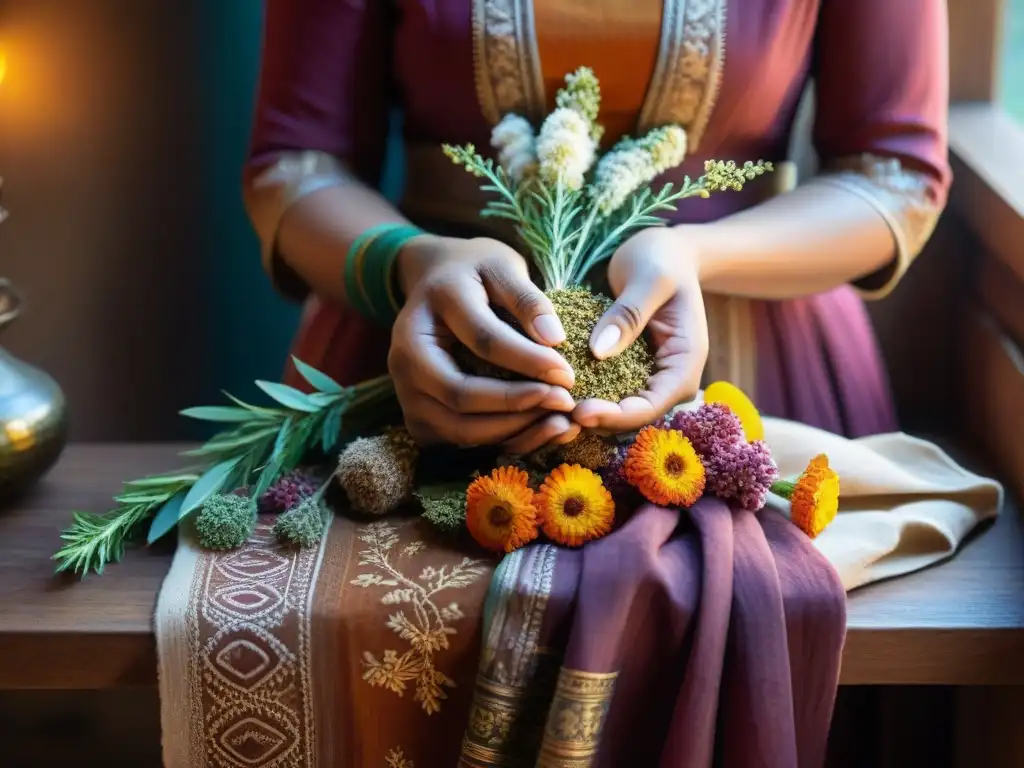 Manos que sostienen hierbas y flores secas con tatuajes de henna, con mensajes ancestrales a través de la aromaterapia