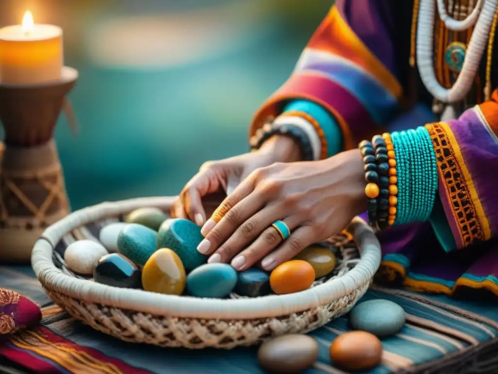 Las manos del chamán maya seleccionan piedras curativas coloridas en cesta tejida, entre textiles tradicionales y luz de velas