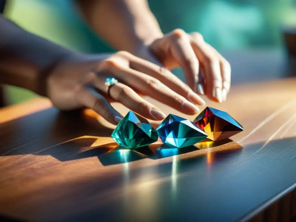 Unas manos meticulosas arreglan cristales coloridos en una mesa de madera, con luz natural suave creando sombras delicadas