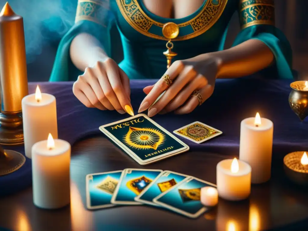 Manos místicas revelan carta de tarot en ambiente misterioso con técnicas avanzadas lectura cartas futuro