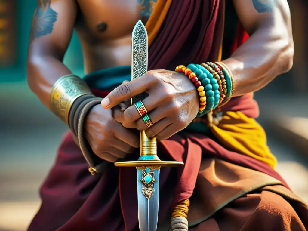 Manos de monje tibetano con un daga ceremonial, evocando sabiduría ancestral en iniciaciones místicas en el Tibet