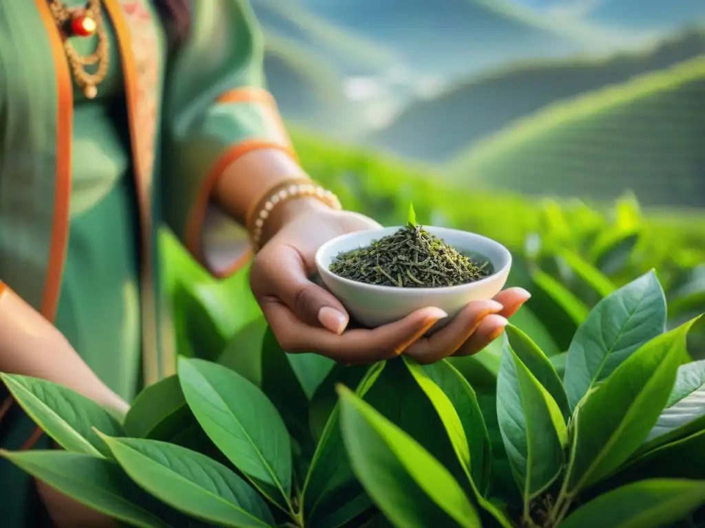 Manos de mujer asiática sostienen hoja de té verde en plantación, reflejando belleza milenaria