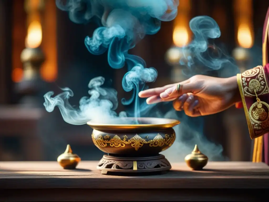 Manos sabias y ancestrales esparciendo humo de incienso en templo decorado, reflejando los beneficios del incienso en casa