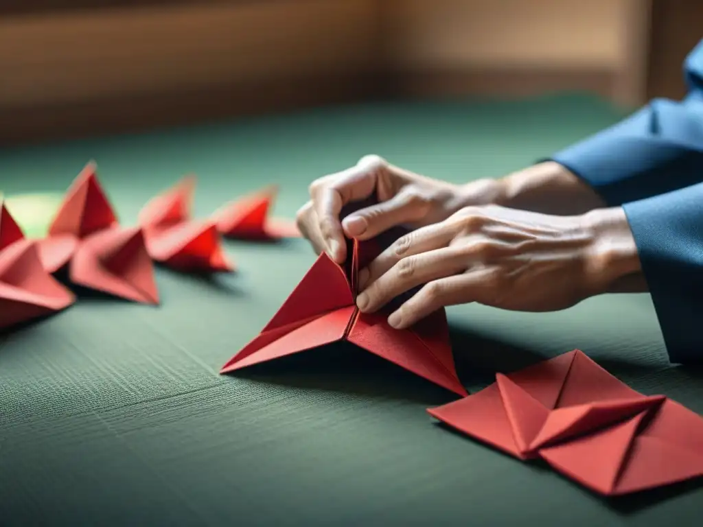 Las manos de un samurái practican meditación Zen al doblar una grulla de origami roja, en un ambiente de serenidad