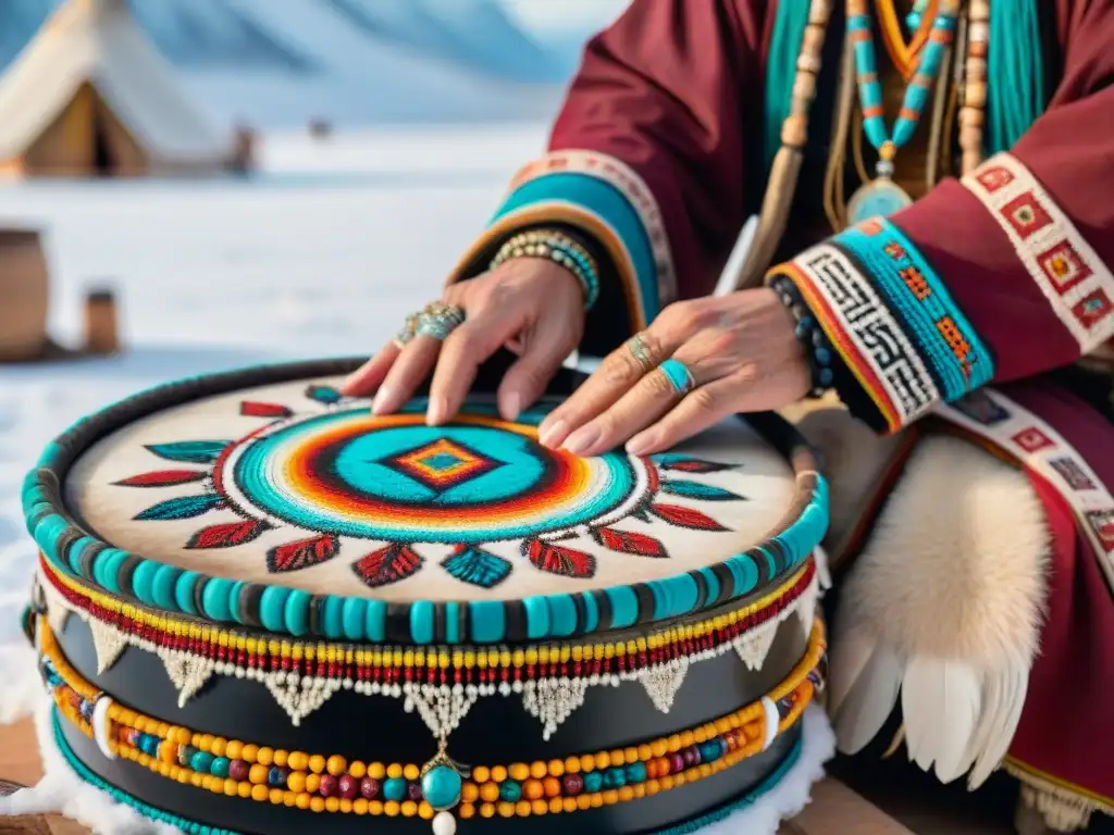 Manos de chamán siberiano crean símbolos con cuentas y plumas en tambor tradicional, paisaje nevado