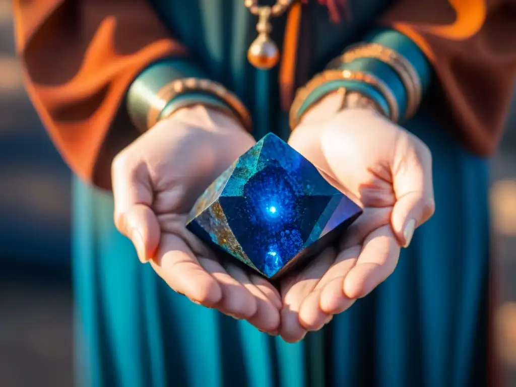 Las manos del chamán sostienen un vibrante cristal de azurita en un espacio ceremonial, evocando espiritualidad ancestral