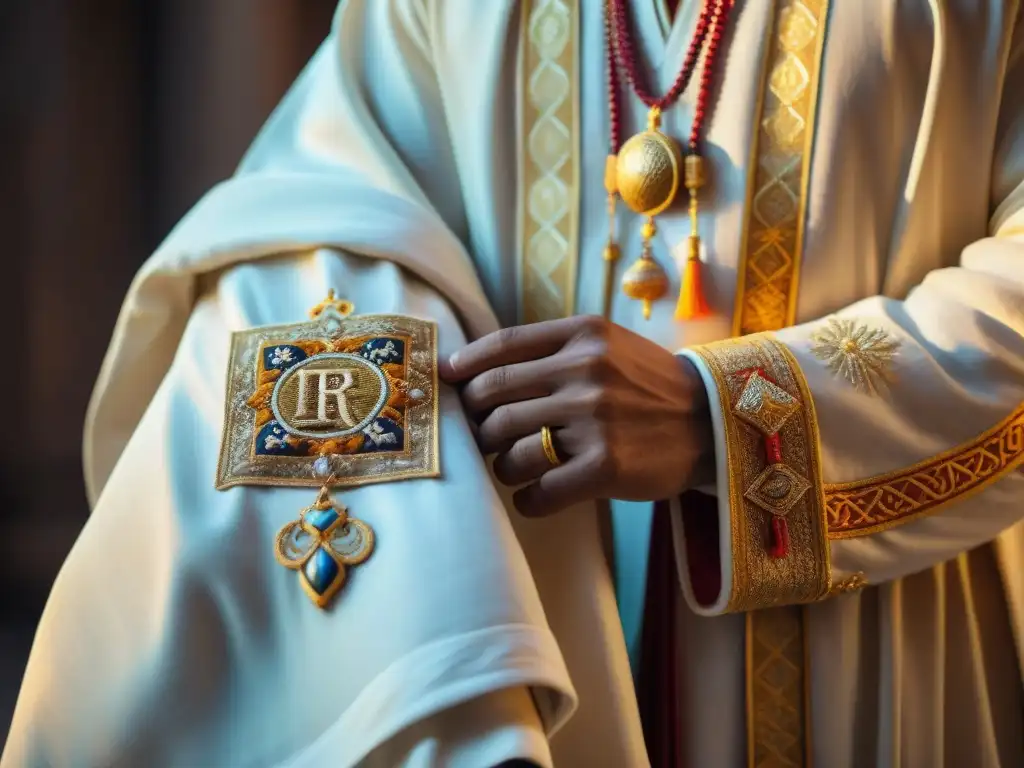 Un manto ceremonial zoroástrico con detallados símbolos antiguos bordados en oro, representando fuego, sol y eternidad