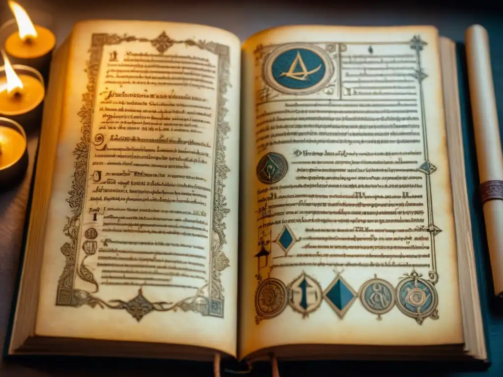 Manuscrito alquímico antiguo iluminado por velas Un manuscrito alquímico antiguo iluminado por velas, revelando símbolos y diagramas misteriosos