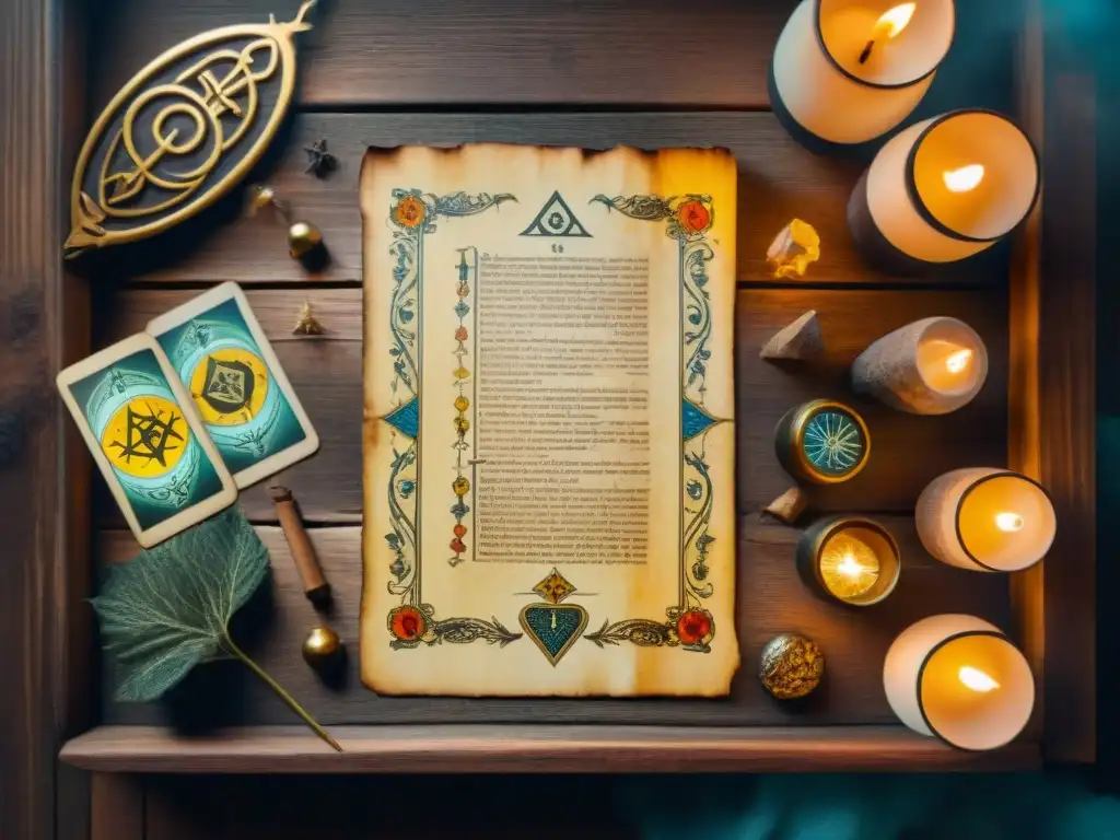 Manuscrito antiguo del Tarot Arcanos Mayores en pergamino en mesa de madera