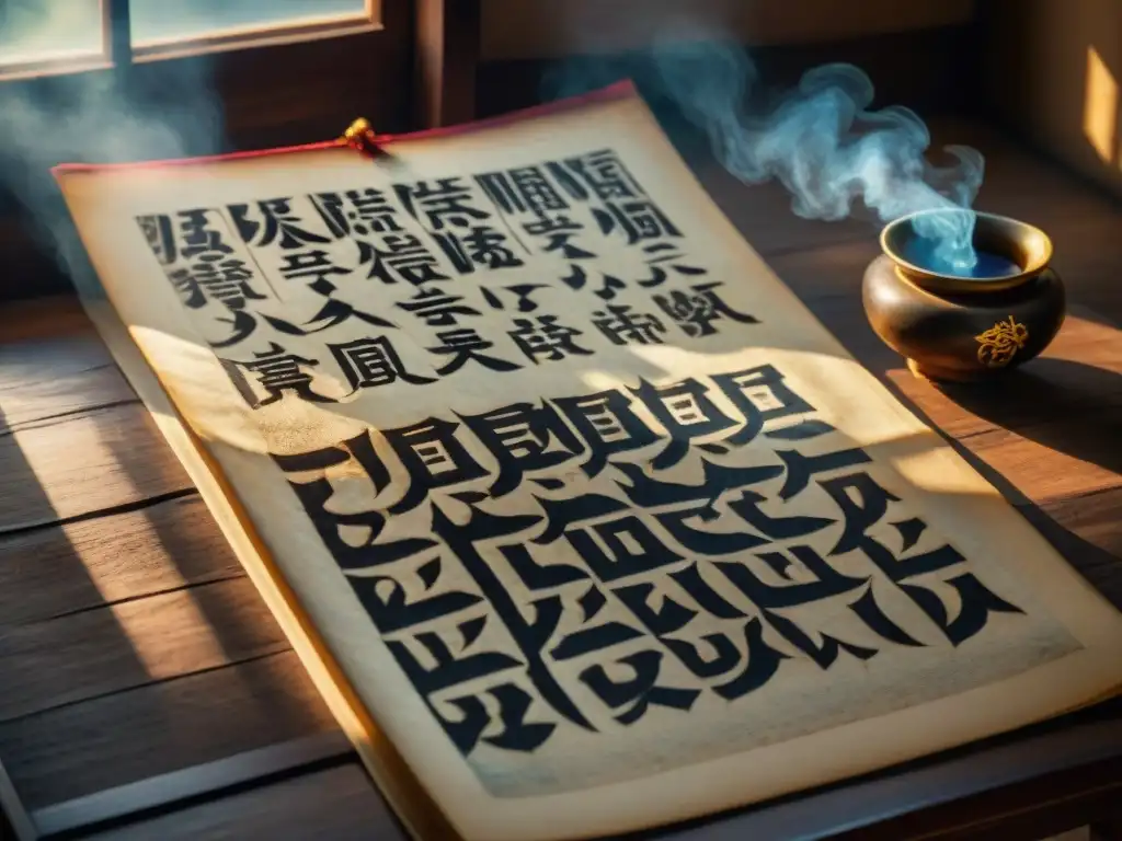 Manuscrito antiguo con caligrafía china del I Ching iluminado por luz suave en una habitación tenue