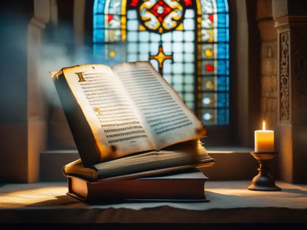 Un manuscrito antiguo con caligrafía latina, iluminado por una luz dorada en un monasterio medieval