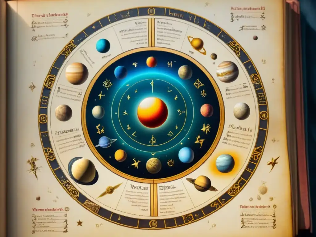 Manuscrito antiguo detallado de los siete planetas clásicos rodeados de símbolos zodiacales, con influencia de la astrología antigua