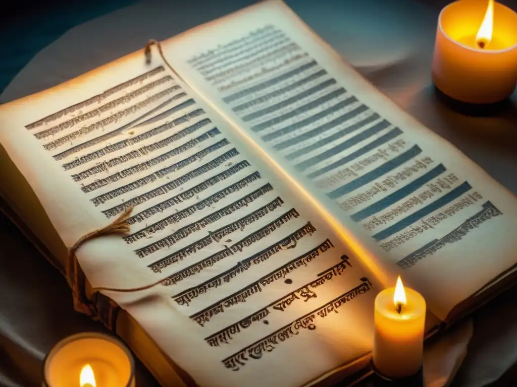 Manuscrito antiguo iluminado por velas con caligrafía sánscrita detallada del Rigveda, evocando el significado de los Vedas India antiguos