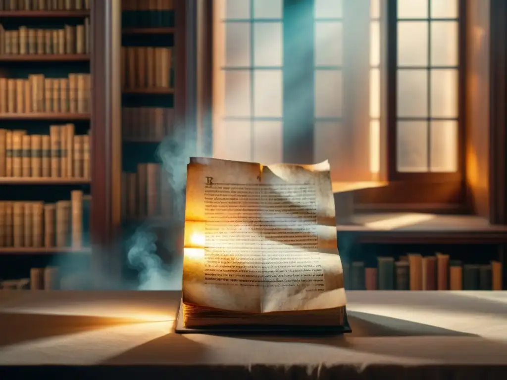 Un manuscrito antiguo con textos apócrifos cristianismo historia oculta, iluminado por un rayo de luz en una biblioteca histórica