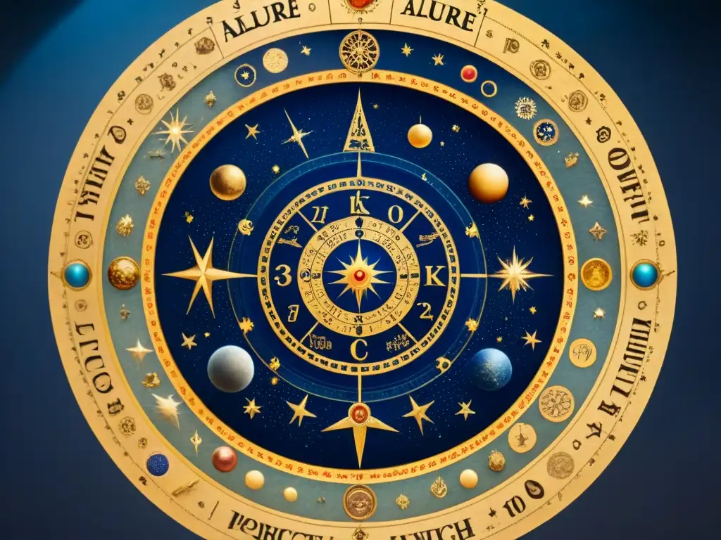 Manuscrito astrológico antiguo con ilustraciones celestiales detalladas en papel envejecido, revelando sabiduría ancestral