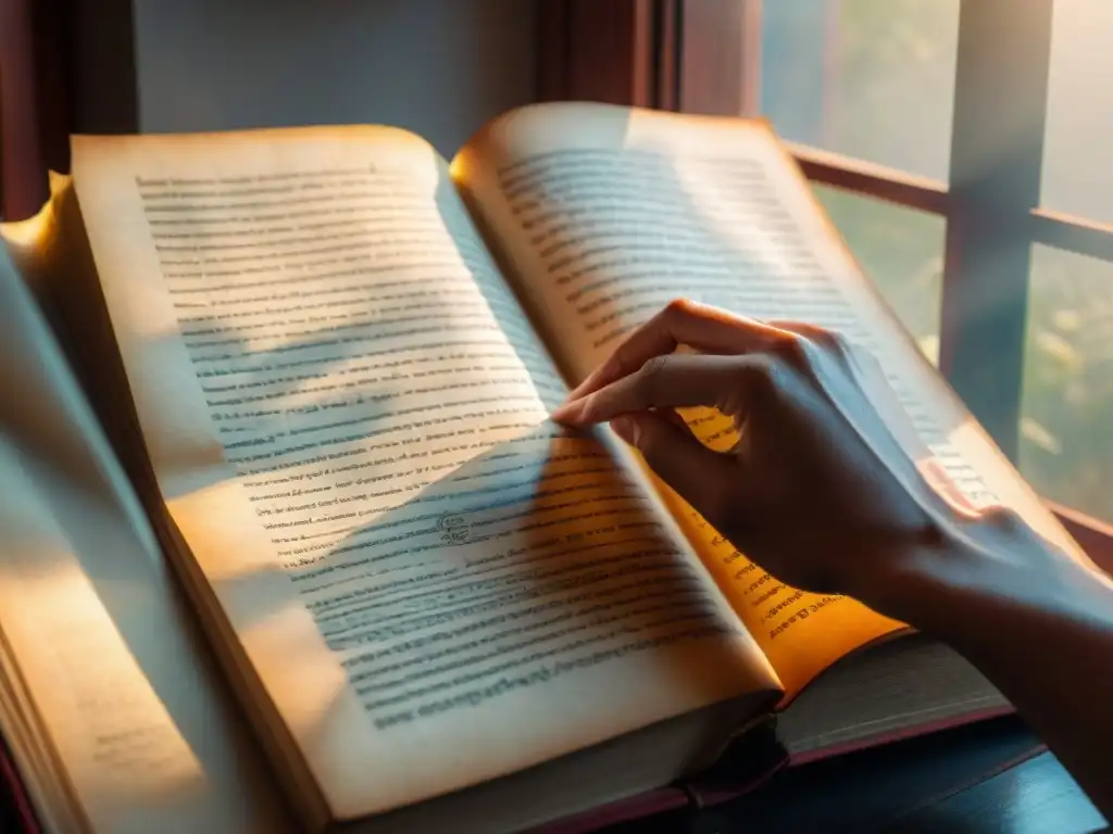 Manuscrito sánscrito antiguo iluminado por luz suave en biblioteca antigua