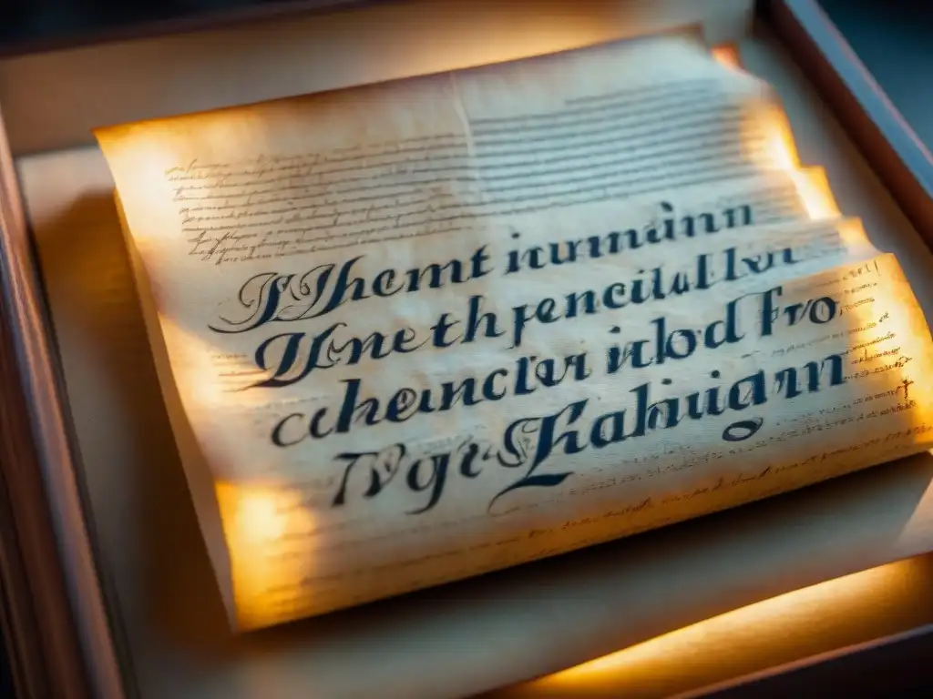 Misterioso pergamino antiguo con caligrafía detallada Manuscritos antiguos códigos perdidos: Pergamino antiguo con caligrafía detallada, iluminado por tenue luz en biblioteca misteriosa