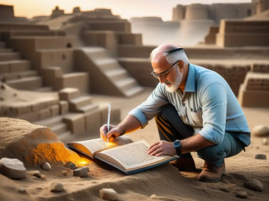 Leonard Woolley descubriendo manuscritos sumerios con su equipo, como verdaderos salvadores de manuscritos antiguos en atardecer arqueológico