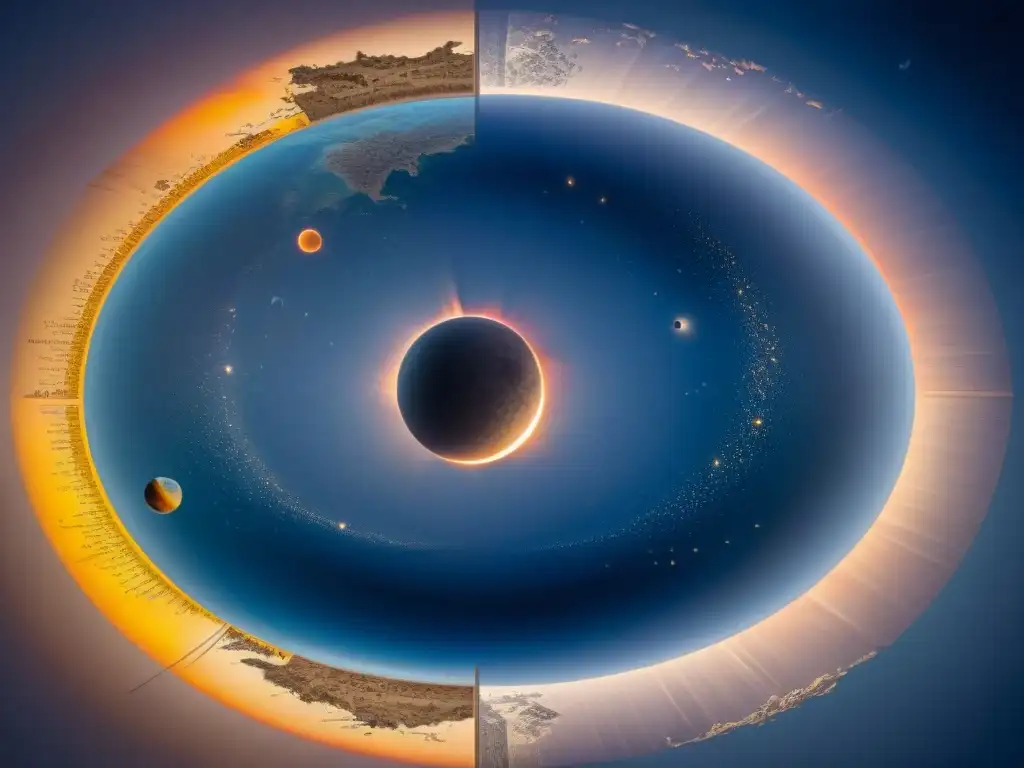 Mapa antiguo ilustrando la importancia de eclipses en exploración, con detalles de navegantes y exploradores