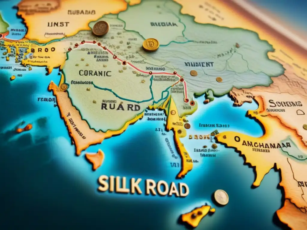 Mapa antiguo de la Ruta de la Seda con monedas antiguas a lo largo del camino, revelando historias de intercambio cultural y comercio milenario