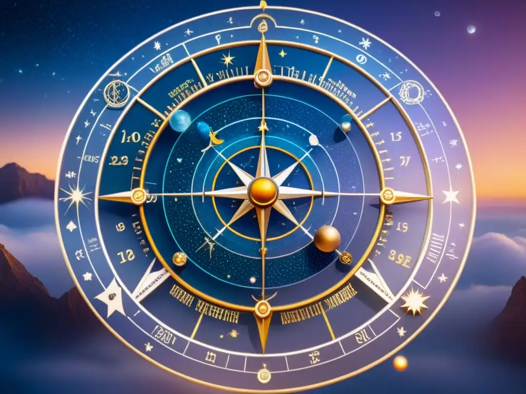 Mapa astrológico detallado con símbolos planetarios y constelaciones, rodeado de instrumentos astronómicos antiguos en una luz mística