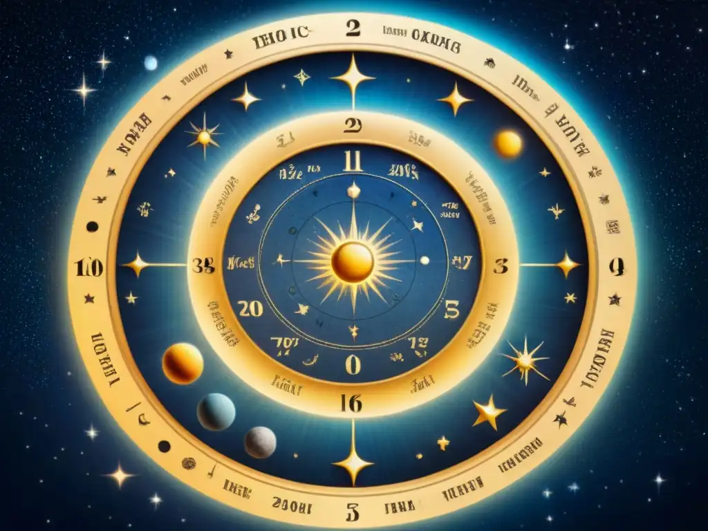 Mapa celeste antiguo detallado con signos zodiacales, planetas y constelaciones