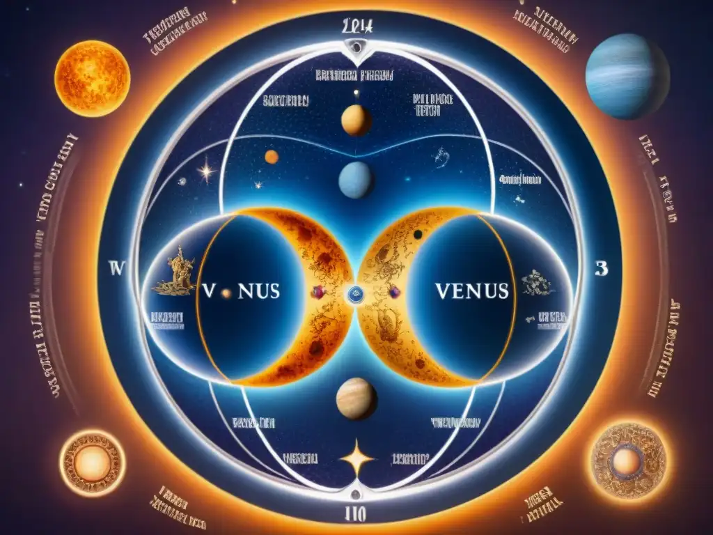 Mapa celeste detallado de los ciclos de Venus en la mitología, con constelaciones, alineaciones planetarias y figuras mitológicas