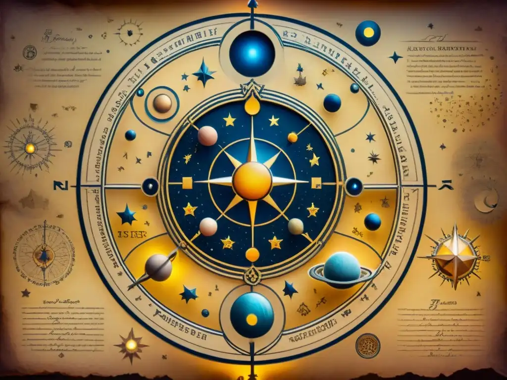 Mapa celestial antiguo con interpretación de carta natal astrología antigua en pergamino amarillento iluminado por lámpara vintage