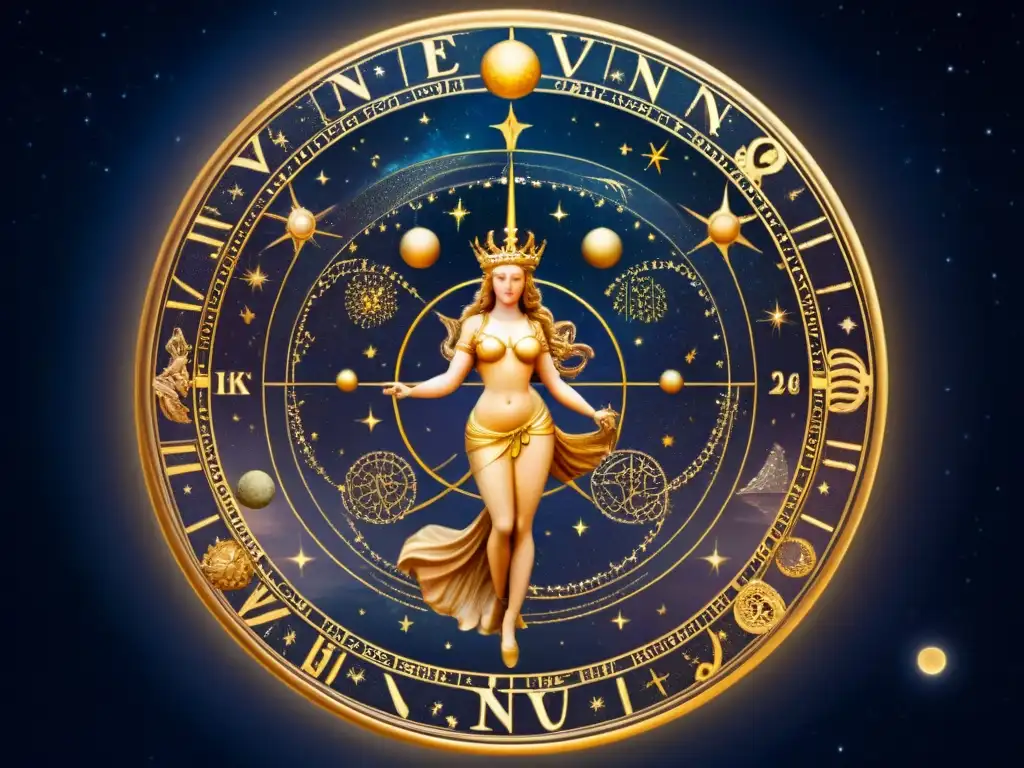 Mapa celestial antiguo detallado con Venus brillante y símbolos zodiacales, evocando influencia planeta Venus astrología antigua