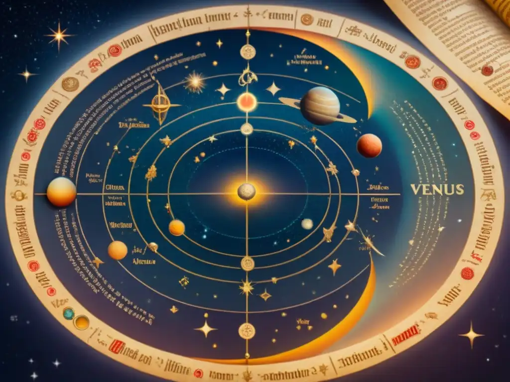 Mapa celestial antiguo detallado en pergamino, muestra alineación planetaria