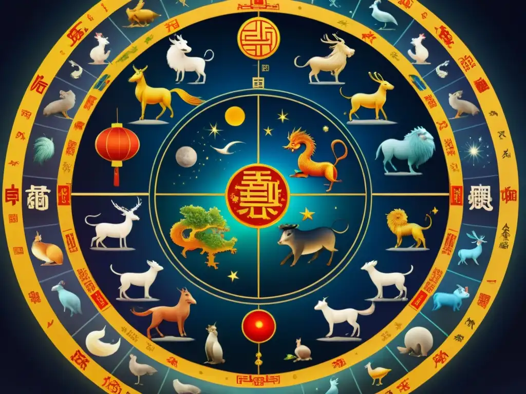 Mapa celestial chino antiguo detallado con signos zodiacales rodeados de elementos celestiales