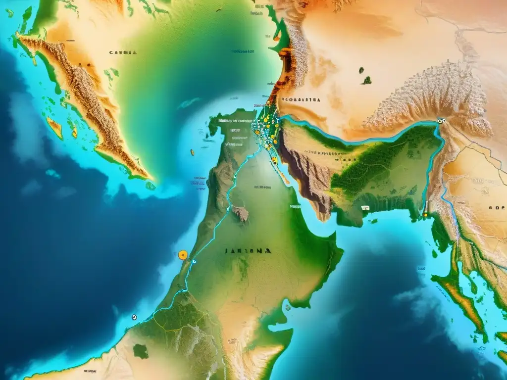 Mapa detallado de la ruta comercial antigua entre India y Egipto, ilustrando la conexión entre civilizaciones antiguas