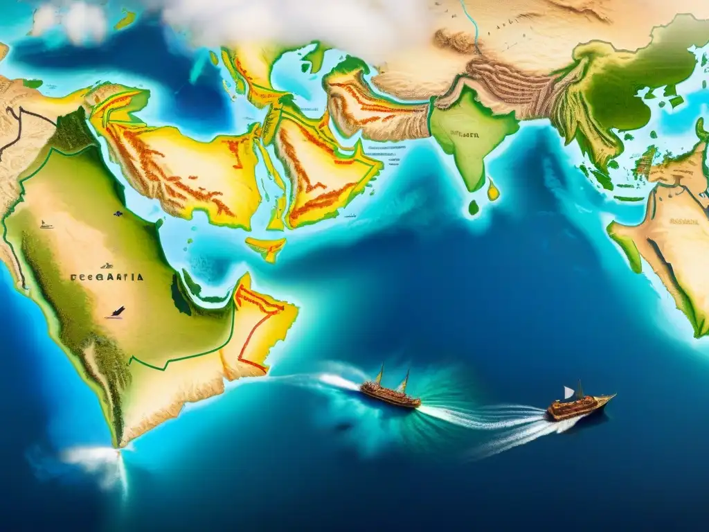 Mapa detallado de rutas comerciales entre India y Egipto, resaltando puertos y ciudades