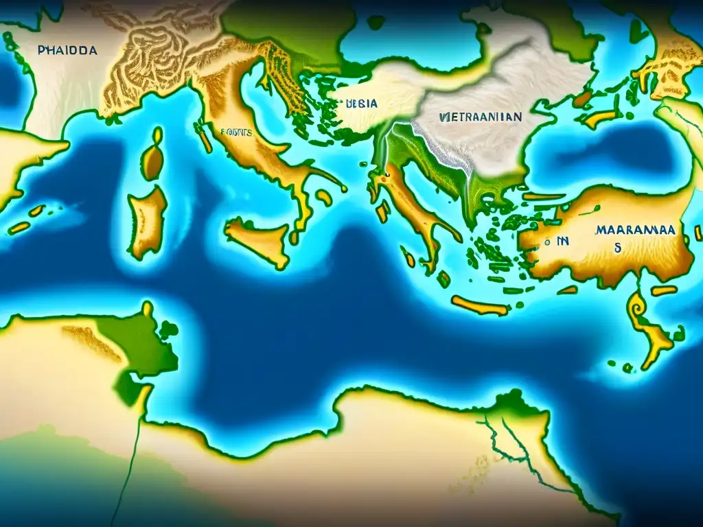 Mapa detallado de rutas comercio marítimo Fenicios Antiguos en el Mediterráneo, con puertos como Tiro, Sidón, Cartago