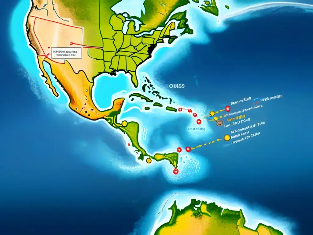 Mapa detallado de rutas transatlánticas precolombinas de herencia africana, con intercambios culturales y comerciales entre África y las Américas