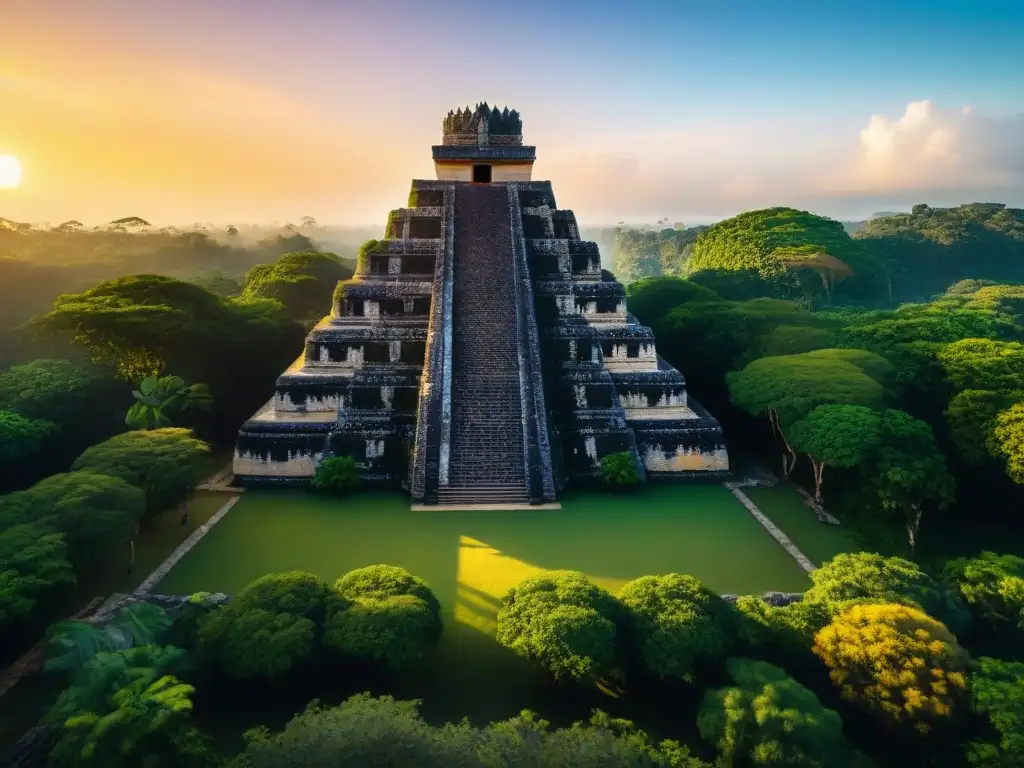 Maravillas perdidas civilización Maya: majestuoso templo maya en la selva, con atardecer dorado sobre ruinas antiguas