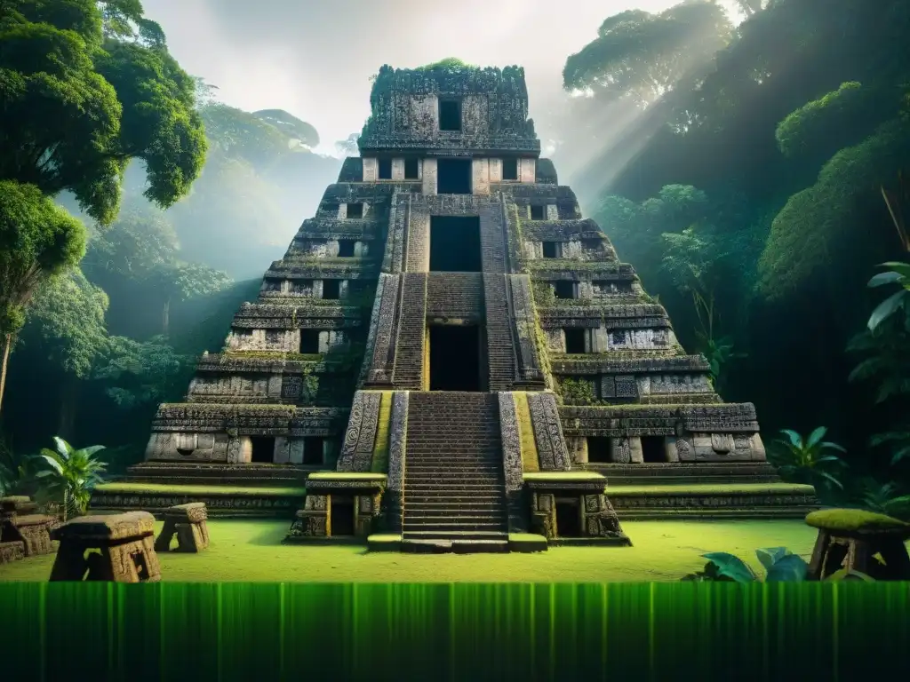 Descubre las maravillas perdidas de la civilización Maya en un templo en la selva, con detalles y símbolos antiguos