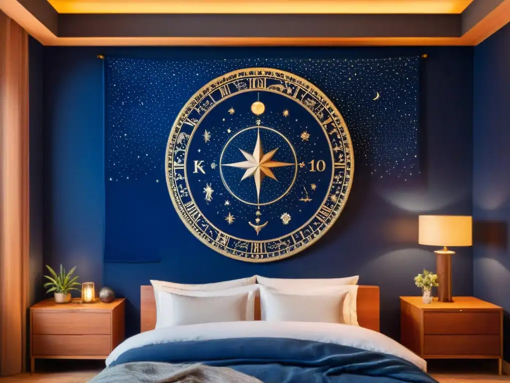 Una maravillosa decoración según signo zodiacal: tapiz del cielo nocturno con los signos astrológicos en hilo dorado, sobre una pared índigo