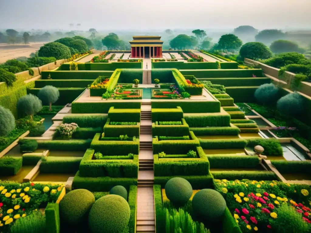 Maravillosa vista aérea de los antiguos Jardines Botánicos de Sumeria misterios, con terrazas rebosantes de exuberante vegetación y flores exóticas