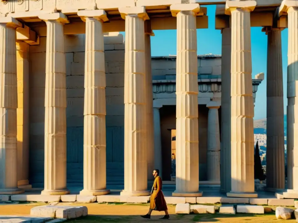 Maravillosas columnas de mármol del Partenón en Atenas, Grecia, iluminadas por el sol, revelando la sabiduría en antiguos textos de arquitectura