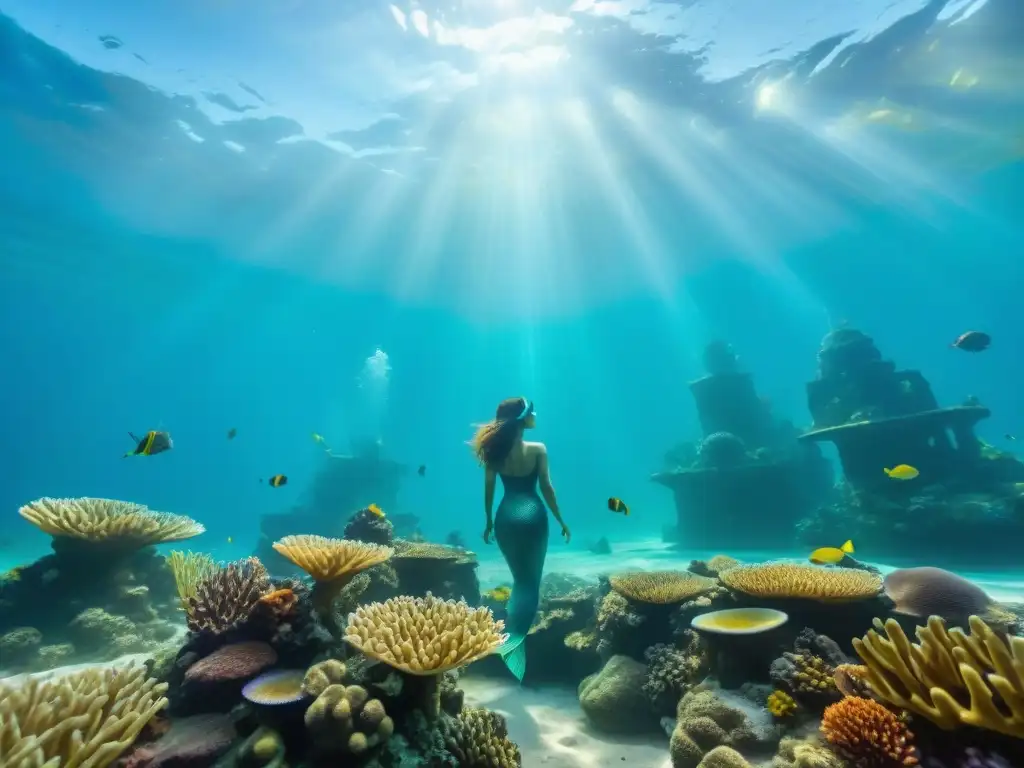 Maravilloso jardín de esculturas subacuáticas rodeado de arrecifes de coral vibrantes y peces coloridos