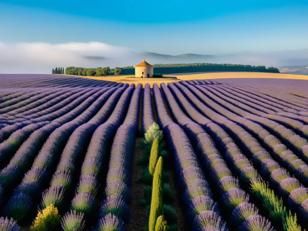 Un maravilloso paisaje de campos de lavanda púrpura en Provenza, con ruinas celtas al fondo, bajo un cielo azul