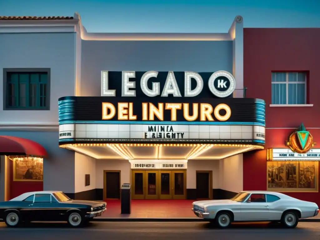 Un maravilloso teatro clásico en blanco y negro con la película 'El Legado del Minotauro', en una calle bulliciosa de época